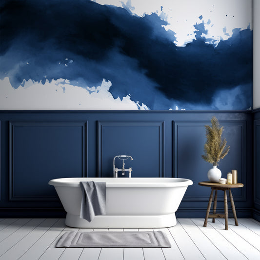 Wave Wallpaper In Bathroom With Half Navy Panelled Wall and White Wall As Well As Bathtub