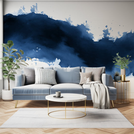 Wave Wallpaper In Living Room With Dark Blue Sofa With Green Plants And Golden Accents
