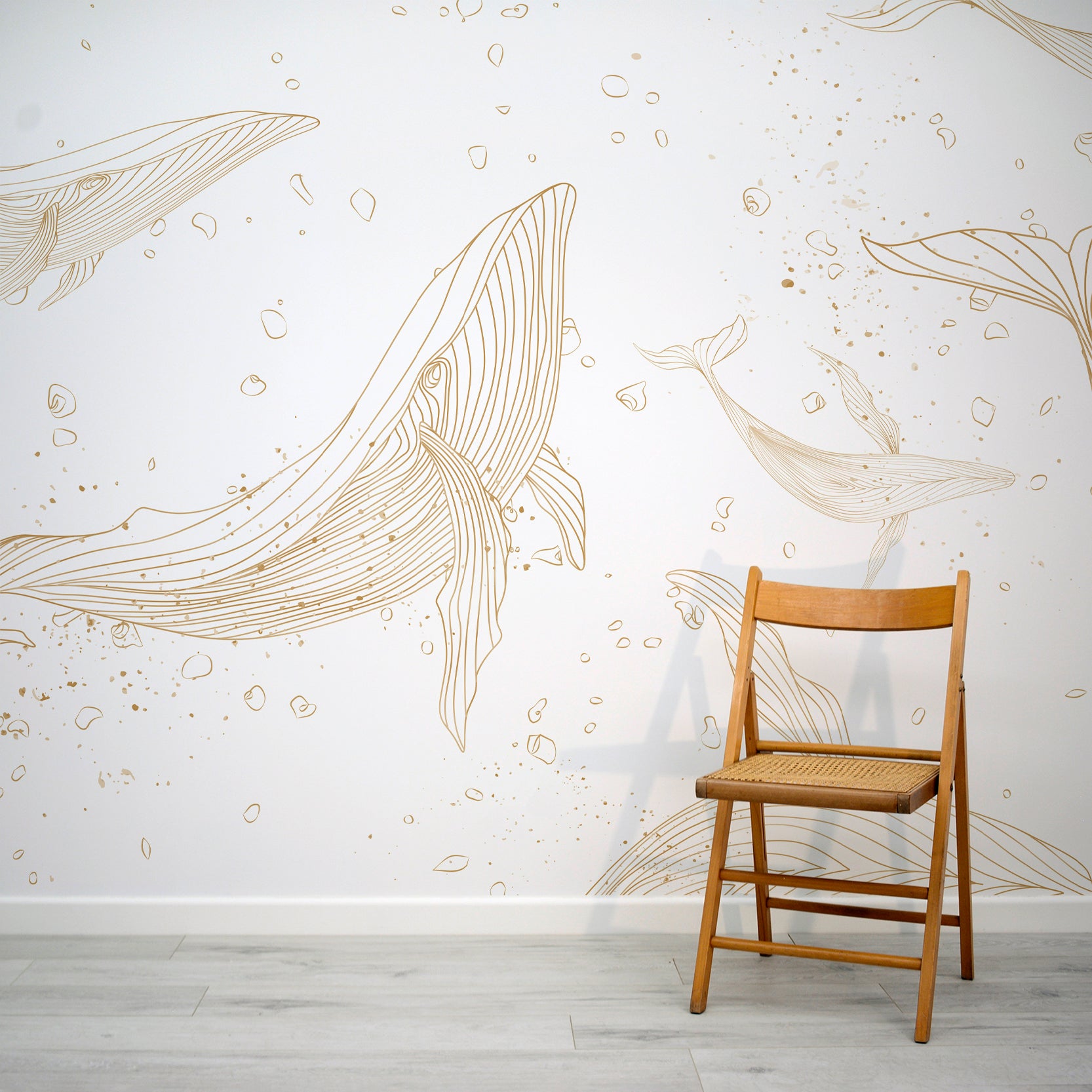 Wall Mural - Children's Golden Ocean Whales - Traditional Wallpaper (Paste-the-wall) - Made to Measure