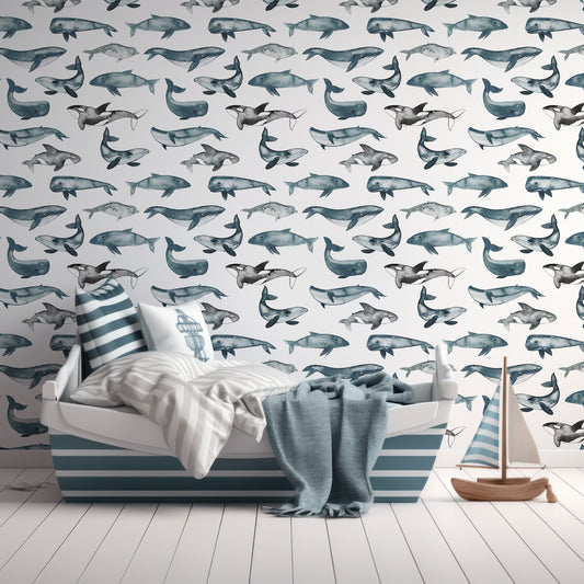 Whale Waltz Wallpaper In Children's Room With Pirate Themed Stripy Blue And White Bed With Wooden Toy Pirate Ship