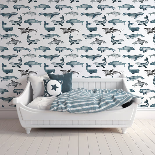 Whale Waltz Wallpaper In Childrens Room With White Wooden Bed Couch With Blue And White Cushions