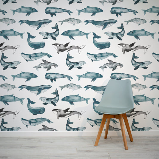 Whale Waltz Wallpaper In Room With Dark Blue Chair