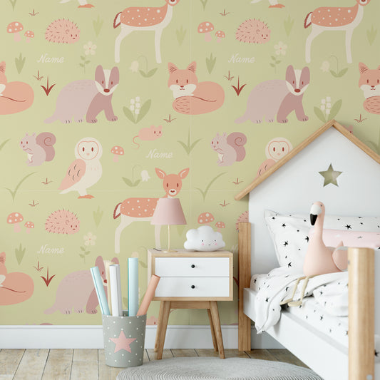 Whimsical Woodland Friends Leaf in children's bedroom with star bedding on white bed with pink flamingo toy on bed