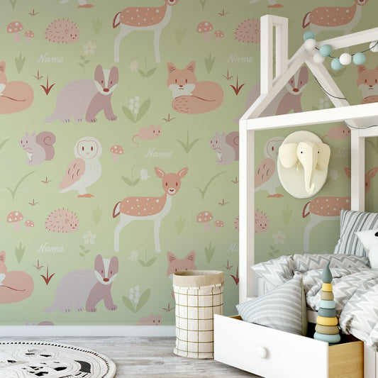 Whimsical Woodland Friends Leaf wallpaper in children's bedroom with white bed and grey zig zag pattern bedding with elephant shaped hanger