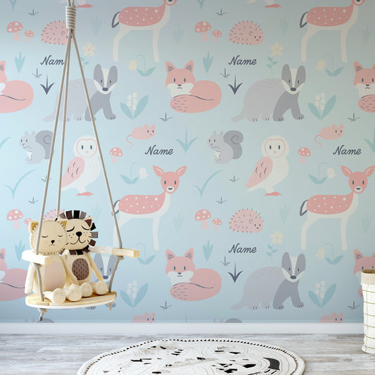 Whimsical Woodland Friends Sky in children's bedroom with hanging seat with toy cat and lion on the seat