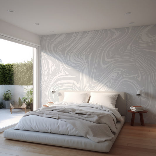 Whision Wallpaper In Bedroom With White Bed, Wooden Stools With White Lamps And Large Windows With Sun Shining Through