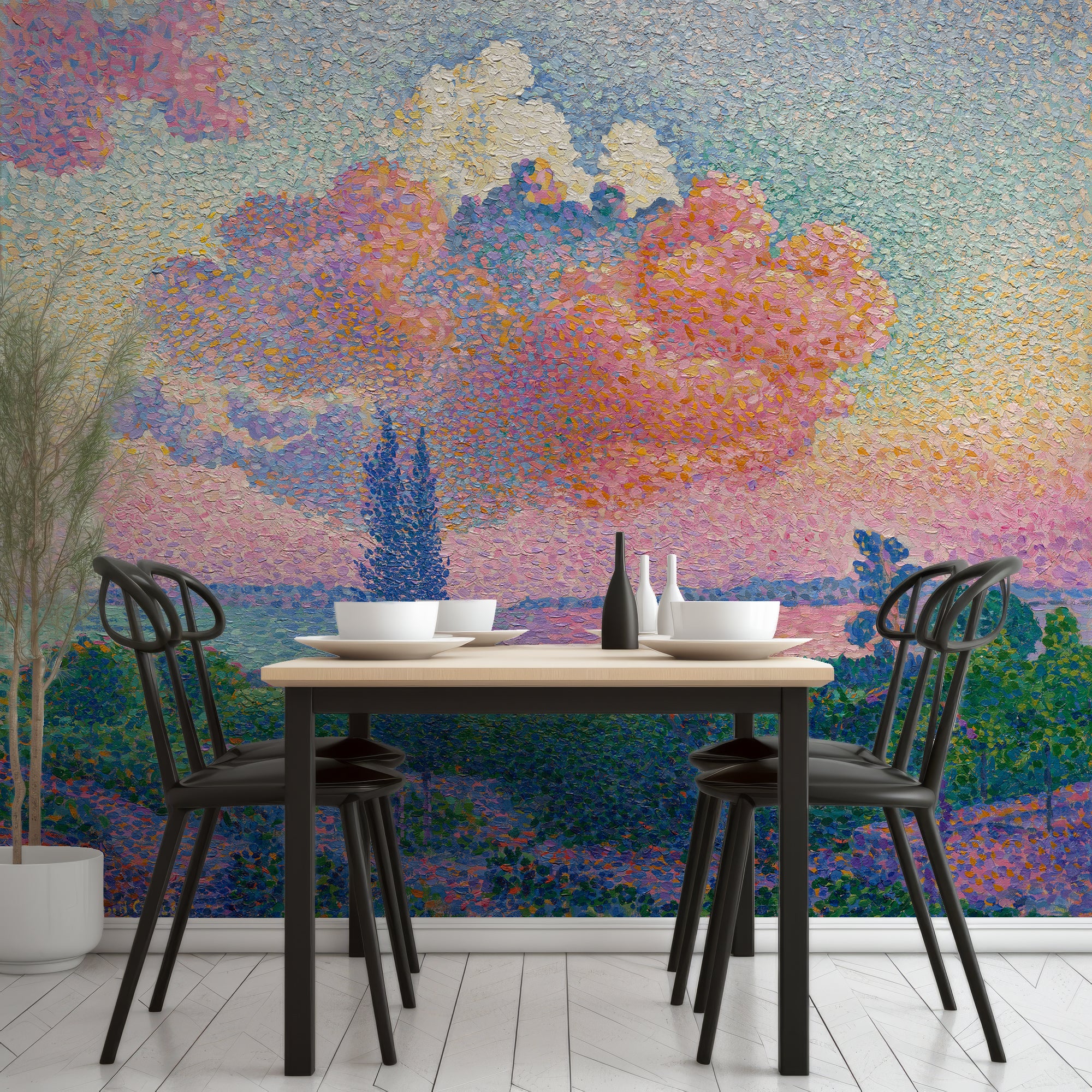 Wall Mural - Dreamy Pink Riverscape Sunrise Oil Painting - Removable Vinyl (Peel & Stick) - Made to Measure