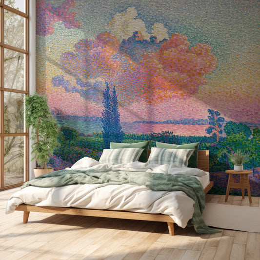 Whispers of Dawn Wallpaper In Bedroom With Green Bedding On WHite Wooden Bed With Very Tall Windows With Light SHining Through