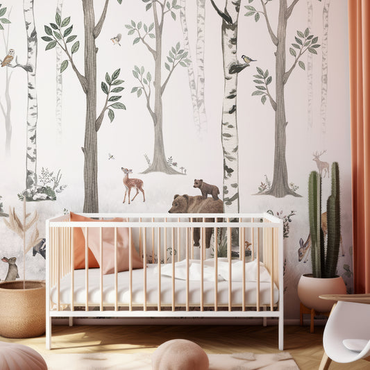 White Forest Wallpaper In Child's Bedroom With Peach Pillows And Beige Plants