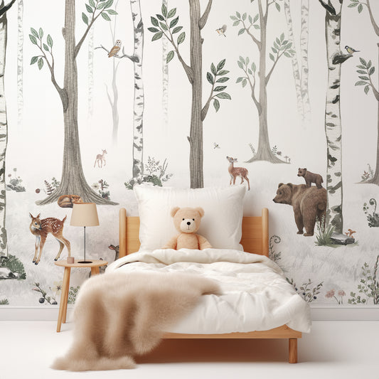 White Forest Wallpaper In Children's Bedroom With White Bed And Fluffy Beige Blanket With Teddy Bear In The Bed