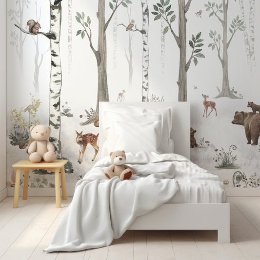 White Forest Wallpaper In Room With White Chair And White Blanket And Cushions And Teddies