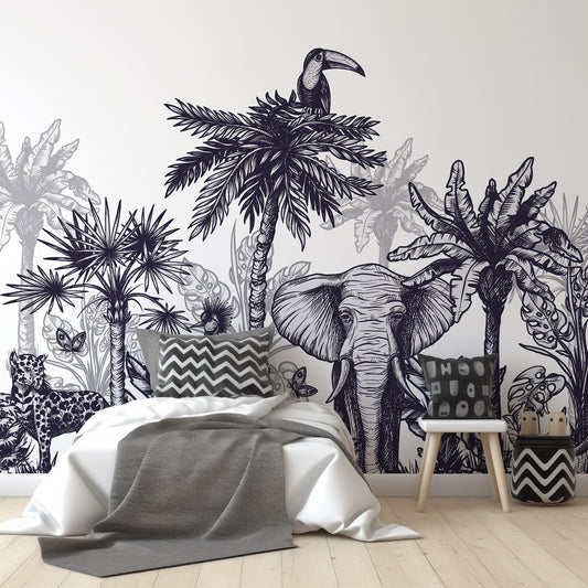 Whitoria Wallpaper In Childrens Monochrome Bedroom With Black, White & Grey Bed