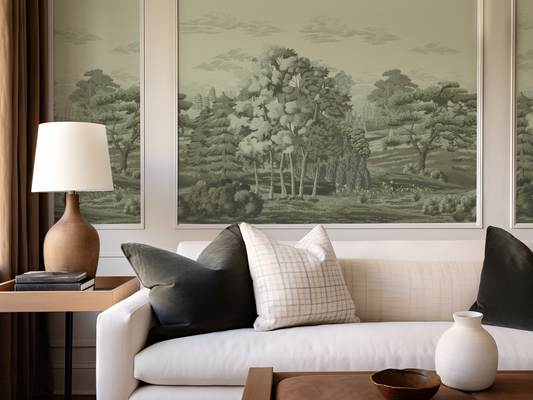 Living room with a white sofa, decorative pillows, a lamp, and wall art.