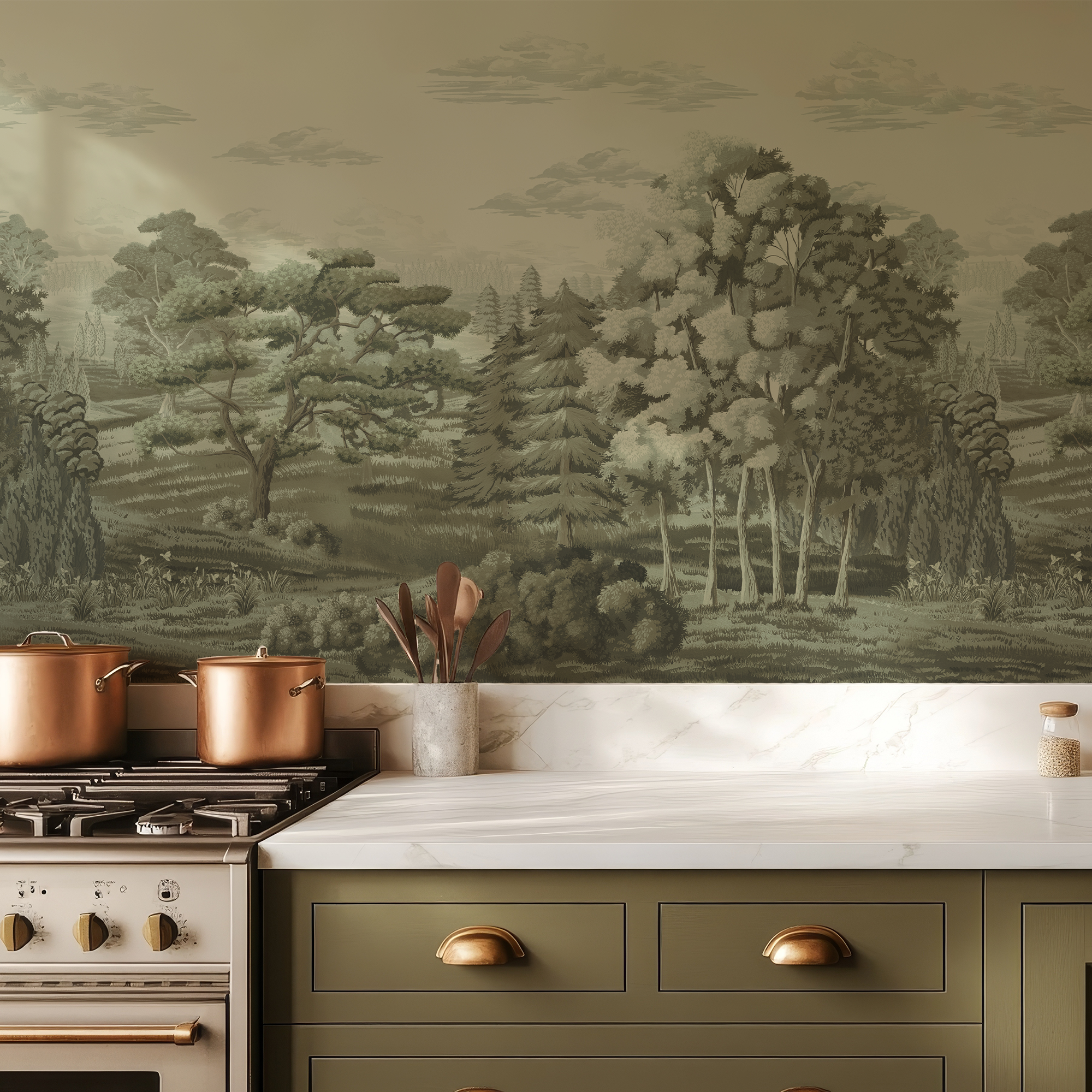 Wall Mural - Serene Woodland Landscape in Soft Vintage Tones - Removable Vinyl (Peel & Stick) - Made to Measure