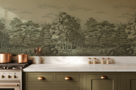 Kitchen with green cabinetry and a forest mural on the wall