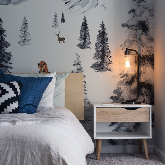 Winter Wonderland Wallpaper In Bedroom With Blue Bed