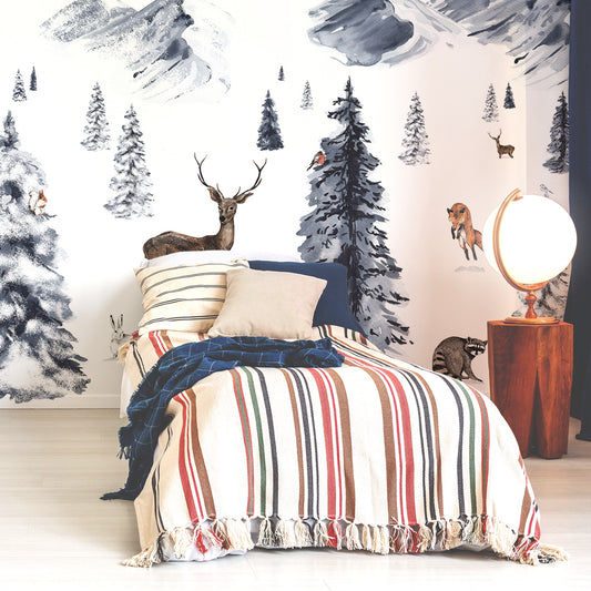 Winter Wonderland Wallpaper In Bedroom With SIngle Stripy Bed