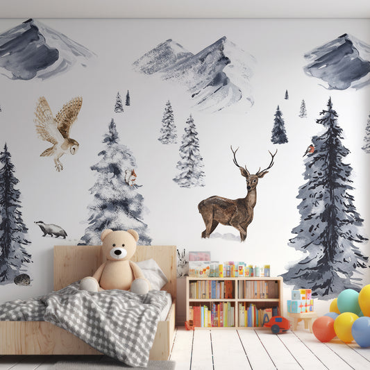 Winter Wonderland - Snow Filled Woodland Watercolour Wallpaper Mural