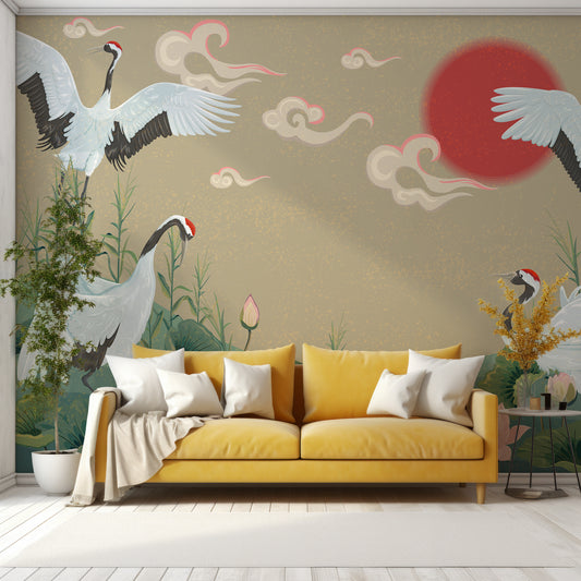 Wisethero Wallpaper In Living Room With Large Mustard Yellow Sofa And Trees