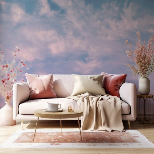 Wispy Wallpaper In Living Room With Beige Sofa With Red And Golden Cushions And Pink Plants