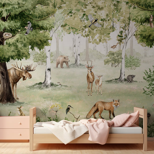 Woodland Wonders In Small Room With Pink Single Bed With Wooden Frame And Wooden Cabinet