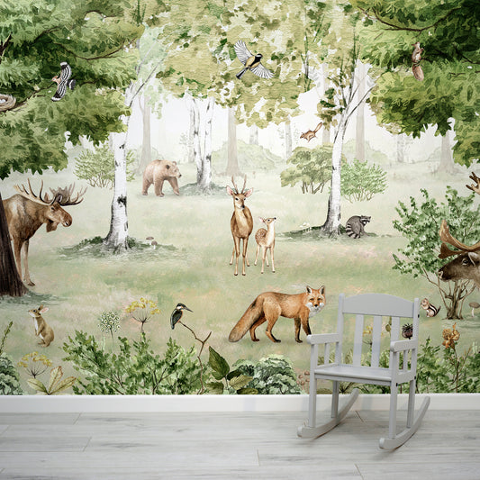 Woodland Wonders Wallapper Mural In Room With Small Grey Chair