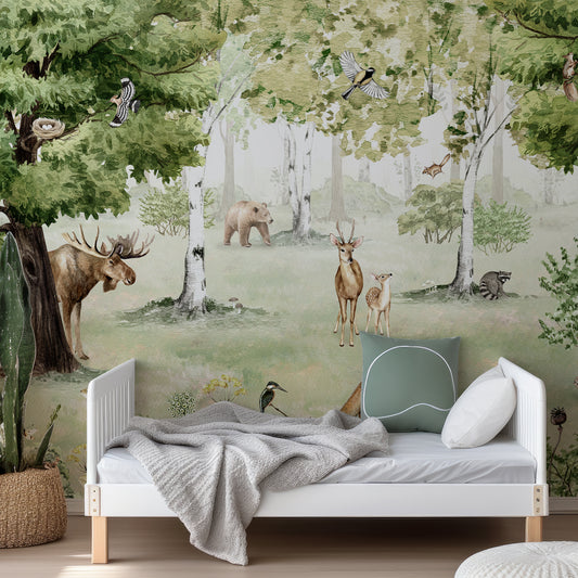 Woodland Wonders Wallpaper In Child's Bedroom With Green Bedding With White Bed And White Bed Frame