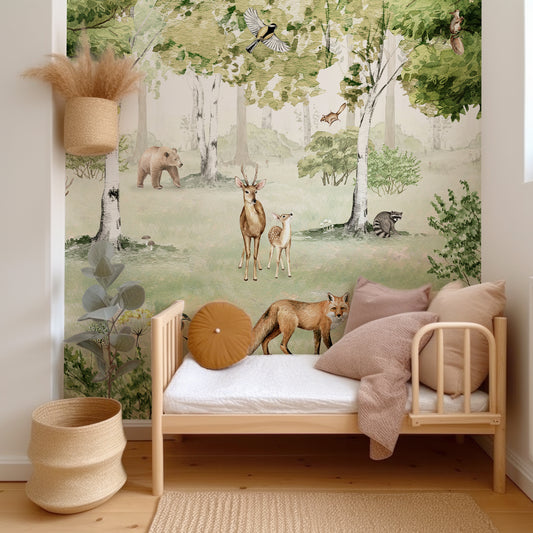 Woodland Wonders Wallpaper In Child's Bedroom With Wooden Bed and Neutral Colored Cushions and Plants