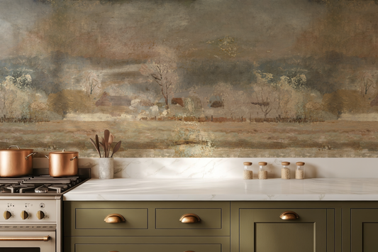 Kitchen with green cabinets, copper pots, and a scenic wall mural.