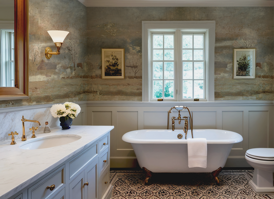 Bathroom with freestanding bathtub, sink, and window.