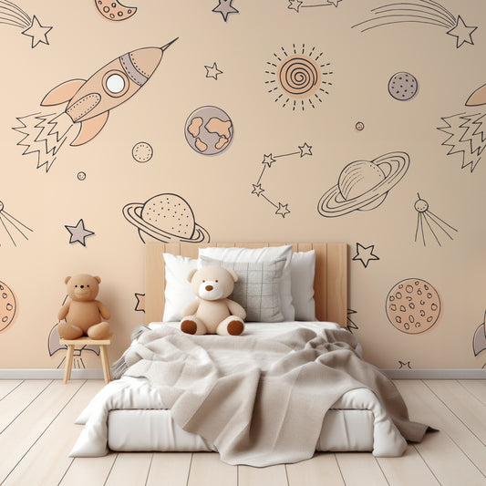 Wrigure Beige Wallpaper In Children's Bedroom With Beige And Grey Bedding With Teddy Bears On Bed