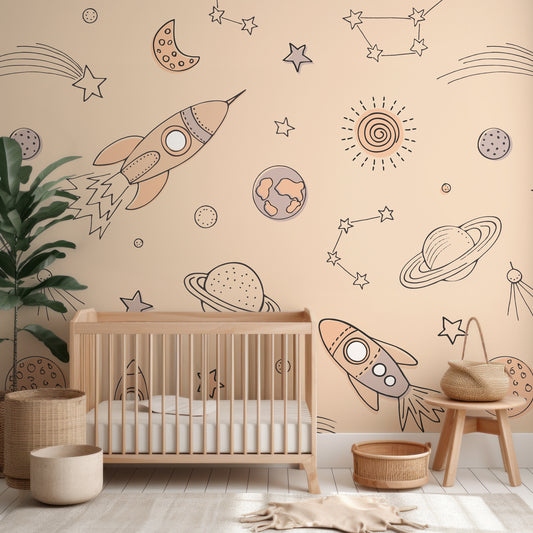 Wrigure Beige Wallpaper In Nursery With Wooden Crib And Green Plant And Wooden Stools