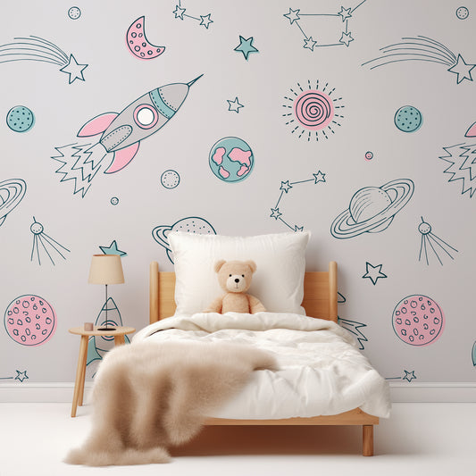 Wrigure Blush Wallpaper In Children's Bedroom With White Bed And Fluffy Beige Blanket With Teddy Bear In The Bed