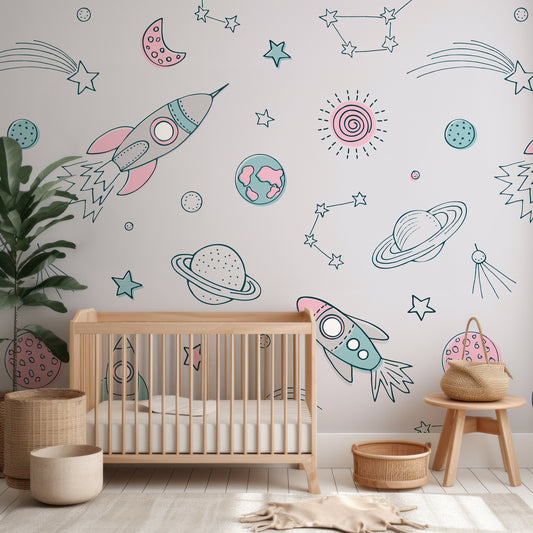 Wrigure Blush Wallpaper In Nursery With Wooden Crib And Green Plant And Wooden Stools