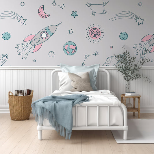 Wrigure Blush Wallpaper In Room With White Wood Panelling And Small Single Bed With Blue Cushions