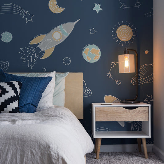 Wrigure Night Wallpaper In Bedroom With Blue Bed & Coffee Table & Glowing Side Light