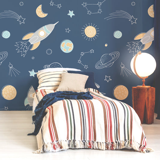 Wrigure Night Wallpaper In Bedroom With Stripy Single Bed And Glowing Globe