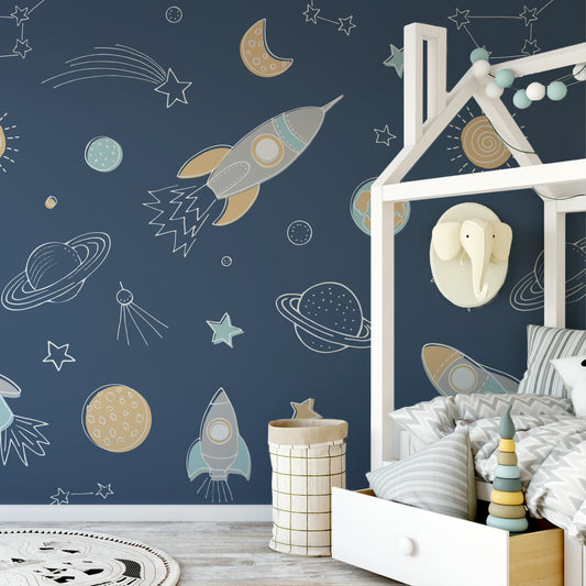 Wrigure Night Wallpaper In Children's Bedroom With Large White Bed & Elephant Hanger