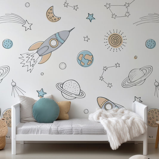 Wrigure Wallpaper In Child's Bedroom With White Bedroom And Circular Cushions