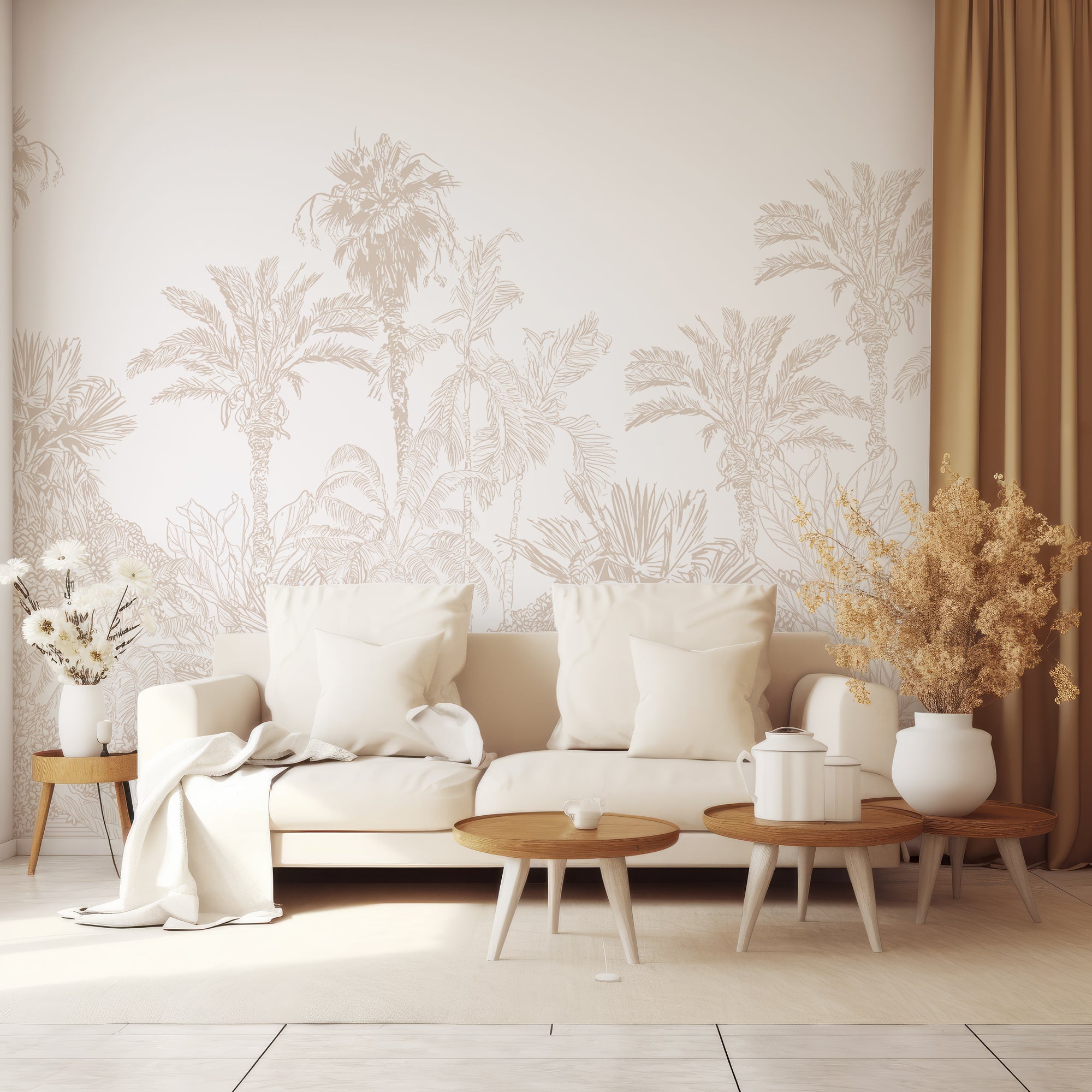 Wall Mural - Beige Etched Tropical Jungle Trees - Traditional Wallpaper (Paste-the-wall) - Made to Measure