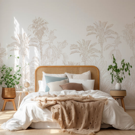 Xynnelt Wallpaper In Wooden Bed With White Bedding With Beige Blankets And Green Plants Either Side