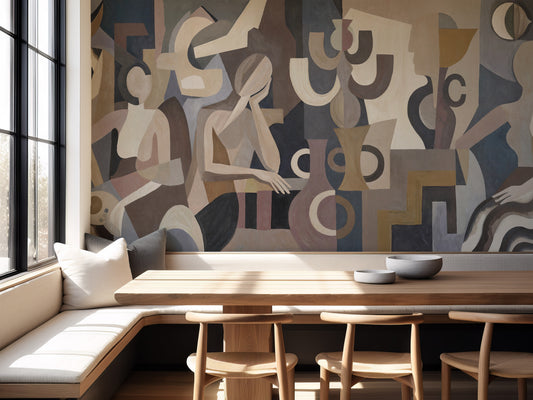 Dining area with a large abstract mural on the wall.