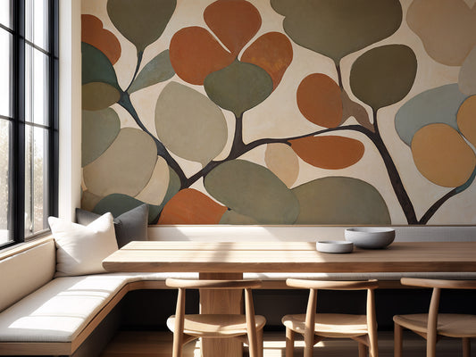 Dining area with a wall featuring a colorful abstract leaf design.