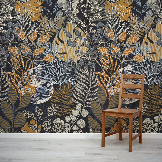 jungle fusion wallpaper in living room with wooden chair in front of the wallpaper