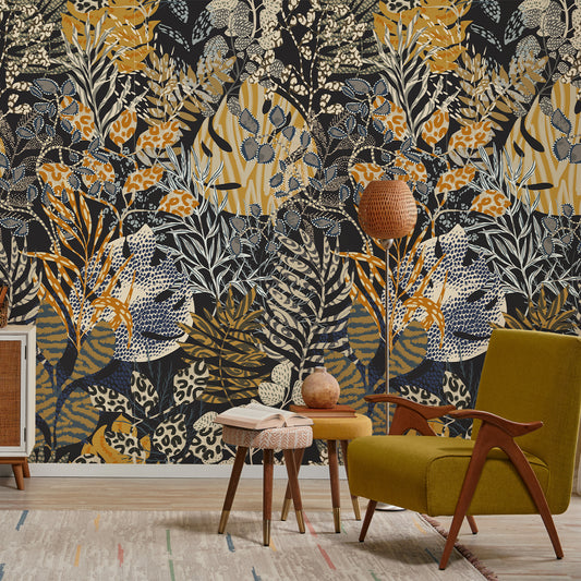 jungle fusion wallpaper in lounge with yellow seat and small little stools