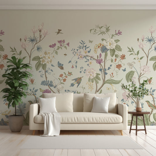 Lily Lane Wallpaper In Living Room With White Sofa, Cushions And Blankets With Green Tall Plants Either Side Of The Sofa