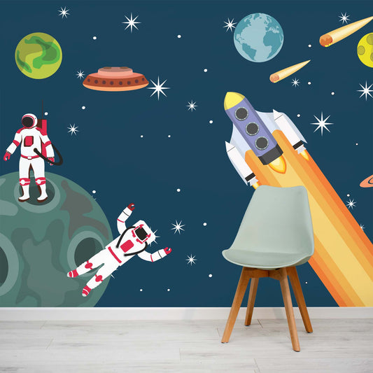 Above & beyond children space rocket wallpaper mural by WallpaperMural.com