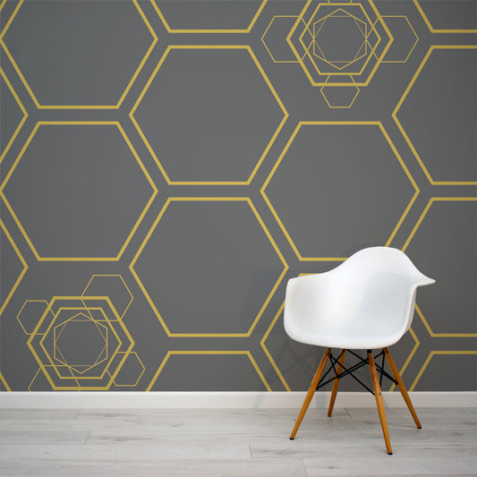 Grey and mustard hexagonal game inspired wall mural by WallpaperMural.com
