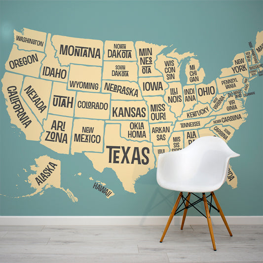 Americana Vintage Retro USA Map Wallpaper Mural with White Chair