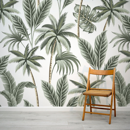 Green tropical jungle palm tree and palm leaf wall mural by WallpaperMural.com